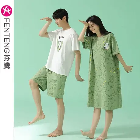 芬腾情侣睡衣女纯棉夏季短袖男士圆领薄款睡裙女款宽松家居服套装商品大图