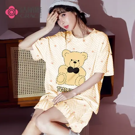 洁丽雅睡衣女夏天两件套装大码短袖短裤睡裙可外穿家居服夏季薄款商品大图