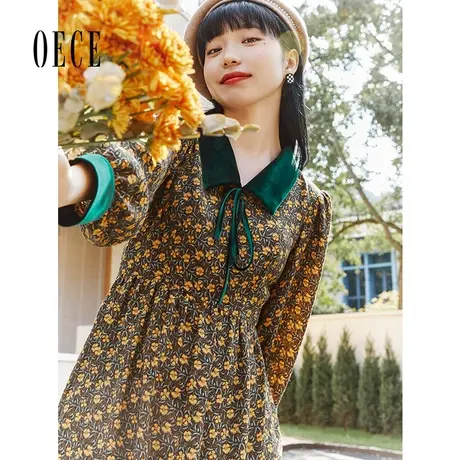 Oece复古系带碎花裙冬女韩版收腰长袖连衣裙图片
