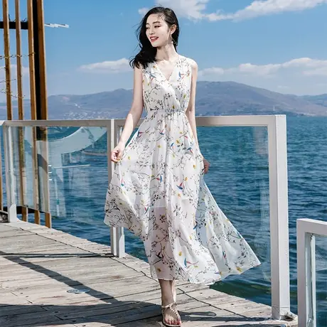 2023新款早春夏季女装法式结根V领复古长裙子雪纺大摆沙滩连衣裙图片
