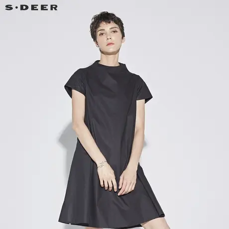 sdeer圣迪奥简约素黑圆领飘带A摆短袖连衣裙S17281284图片