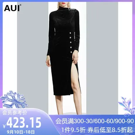 黑色不规则中长款丝绒连衣裙女秋冬2023新款轻奢名媛气质开叉裙子图片
