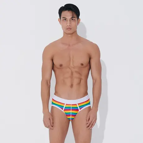 【拍3件109】Asianbum男丝滑弹力凸性感彩虹条纹低腰包臀三角内裤图片