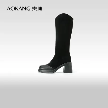 奥康女鞋 2023冬季新款拼接质感鞋面时装靴美拉德风不过膝骑士靴图片