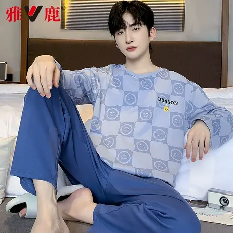 雅鹿青少年睡衣男高中生套装春秋2025新款100%纯棉长袖家居服男士图片