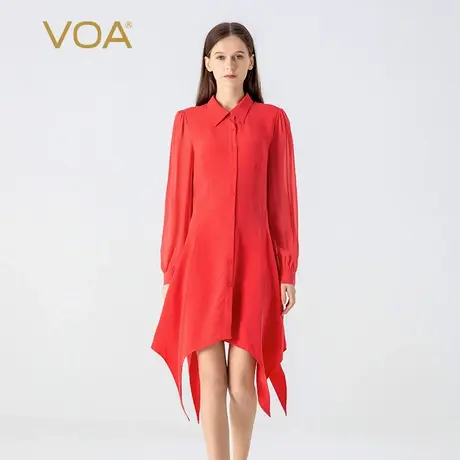 VOA30姆米重磅桑蚕丝红色POLO领衬衫袖单排扣拼接乔其真丝连衣裙图片