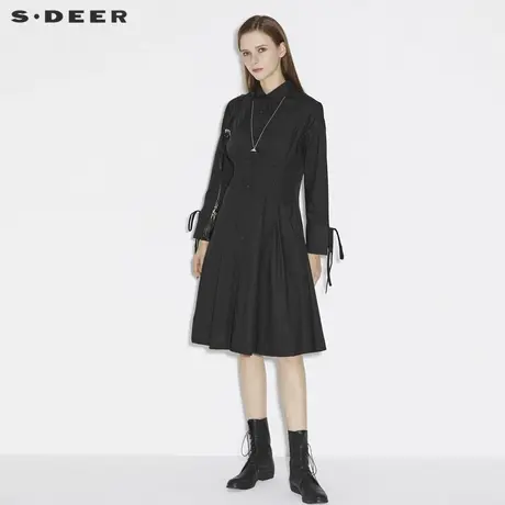 sdeer圣迪奥春季翻领系带收腰长袖衬衫连衣裙女S21361201图片