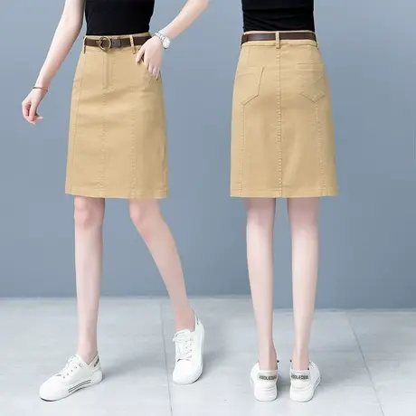 牛仔半身裙女夏季薄款2023年显瘦直筒中裙拼接高腰a字裙子卡其色图片