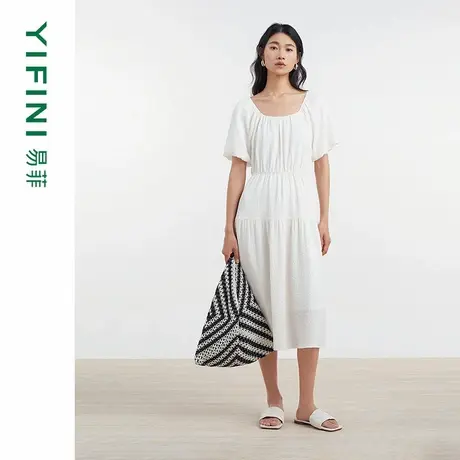 [专柜同款]Yifini/易菲泡泡袖方领褶皱感气质连衣裙通勤时尚裙子图片