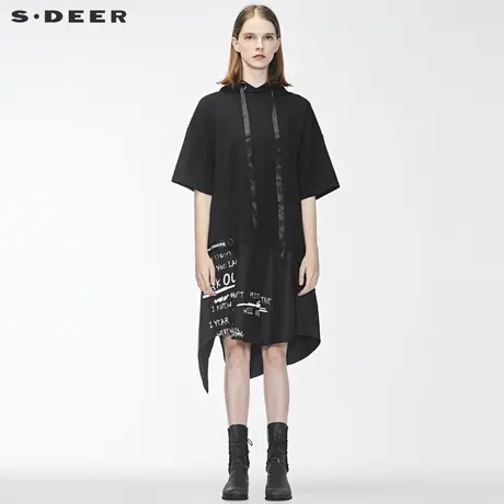 sdeer圣迪奥撞色字母印花拼接连帽连衣裙S18481227图片