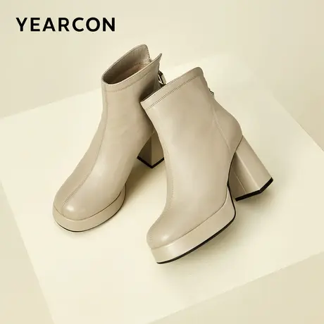 意尔康女鞋2023真皮粗跟短靴女士高级感英伦风短筒高跟踝靴防水台商品大图