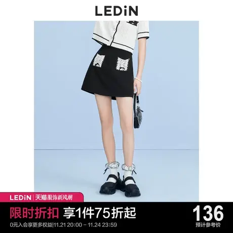 乐町钩针口袋小A裙半裙休闲春夏新款女装半身裙设计黑裙短裙图片