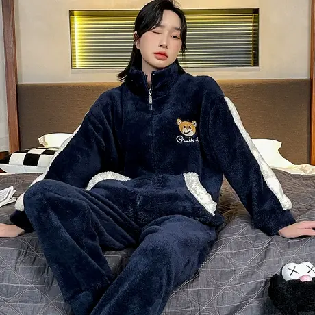 睡衣女珊瑚绒加绒加厚秋冬季法兰绒冬天家居服女士拉链款套装冬款商品大图