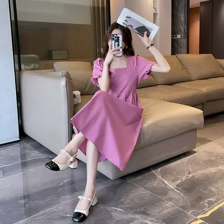 唐狮粉色泡泡袖连衣裙女夏新款长裙小个子公主裙甜美裙子女夏季q3图片
