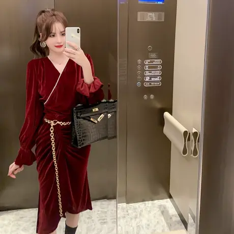 金丝绒连衣裙时尚套装女时髦洋气名媛气质收腰酒红色鱼尾裙两件套图片