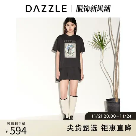 DAZZLE地素奥莱 春夏复古动物刺绣印花荷叶边短袖T恤连衣裙女图片