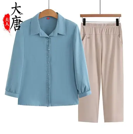 中老年人夏装衬衫女奶奶九分袖纯色翻领妈妈褶皱休闲老人太太衣服图片
