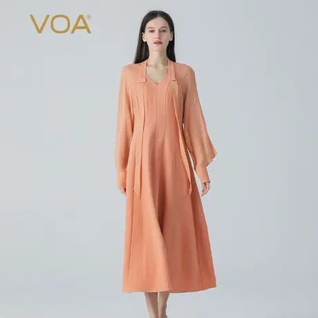 VOA60姆米长空厚桑蚕丝藕粉V领长袖飘带装饰宽松腰气质真丝连衣裙图片