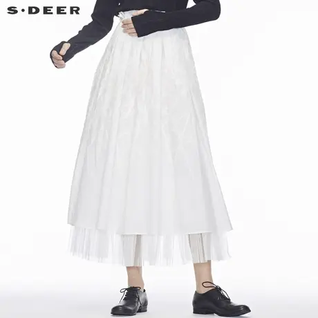 sdeer圣迪奥秋装2019款女百褶网纱拼接毛边纹理提花长裙S18381162图片
