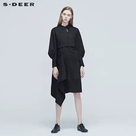 sdeer圣迪奥女装不规则拼接翻领泡泡袖衬衫连衣裙S20381221图片