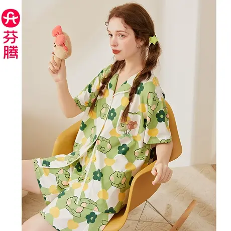 芬腾布朗熊女士睡衣夏季纯棉短袖开衫套装女款可爱休闲大码家居服图片