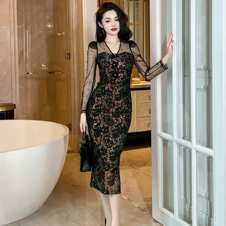 印花设计感成熟御姐V领连衣裙女微透网纱显身材小众修身包臀裙子图片