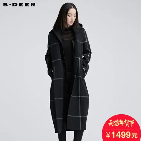 sdeer圣迪奥女2018冬装连帽翻领格纹长款毛呢大衣两件套S16481883图片