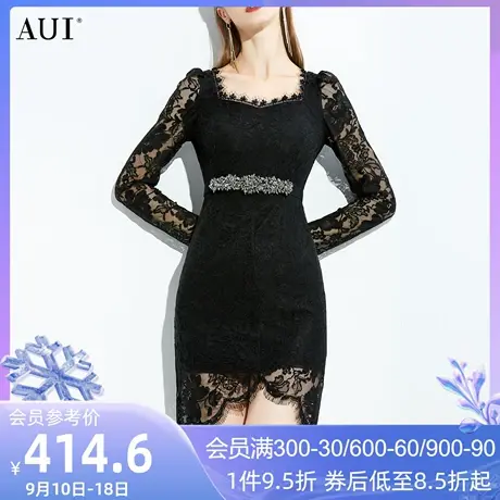 AUI复古女人味黑色方领连衣裙2023女冬新款不规则设计感蕾丝裙子图片
