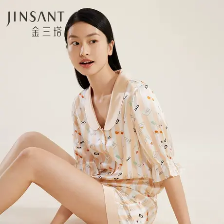 金三塔真丝 趣味条纹 吊带睡裙女100%桑蚕丝短袖短裤家居服睡衣商品大图