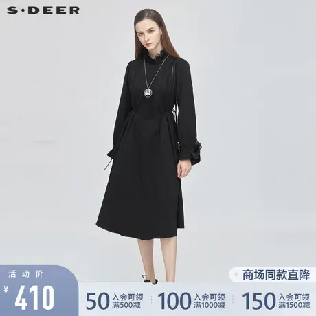 sdeer圣迪奥冬季女装复古蕾丝风琴褶收腰长袖黑色连衣裙S20481221图片