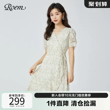Roem法式温柔碎花雪纺连衣裙不规则设计感甜美浪漫中长裙子女图片