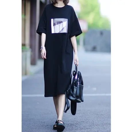 黑色连衣裙t恤女大码短袖中长款休闲慵懒风ins潮宽松半袖长裙洋气图片