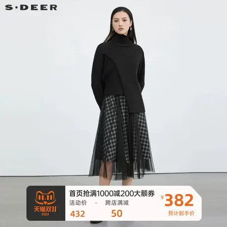 sdeer圣迪奥女装高领格纹网纱针织两件套连衣裙S223Z1434图片