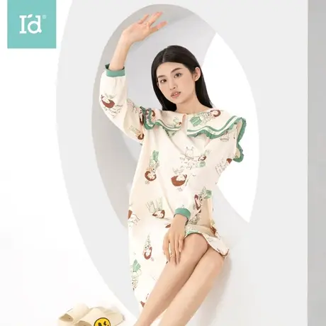 爱帝女式公主领长袖裙甜美风可爱卡通印花舒适简约时尚睡裙春夏款图片