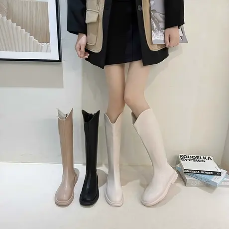 气质显瘦长靴女2023年新款夏季高筒靴百搭粗跟v口复古百搭骑士靴商品大图