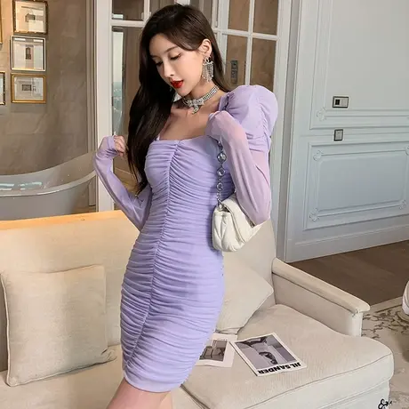 紫色网纱御姐风修身长袖连衣裙女秋显瘦褶皱遮肚子减龄包臀短裙子图片
