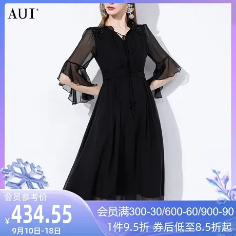 AUI黑色名媛气质雪纺连衣裙女2023夏新款喇叭袖v领高腰修身中长裙图片
