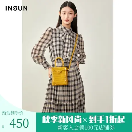 恩裳春季经典蝴蝶结立领格纹收腰荷叶边桑蚕丝真丝连衣裙图片