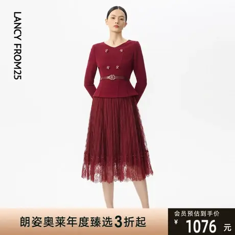 朗姿[罗纳河星夜]连衣裙冬季新款优雅小香风拼接高定款礼服裙图片