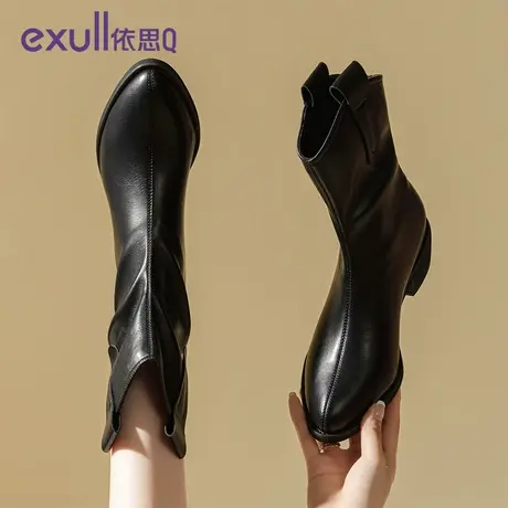 exull/依思Q粗跟短靴女2023新款冬季简约风加绒软皮显瘦女时装靴图片