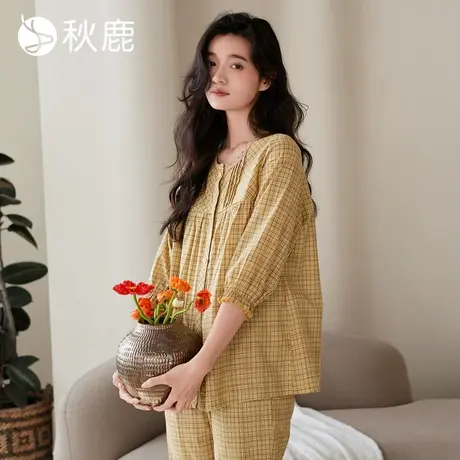 秋鹿【直播专享】梭织色织格纯棉睡衣女春夏圆领七分袖九分裤薄款图片