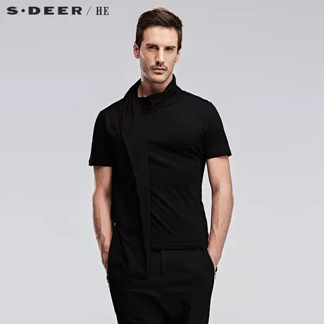sdeerhe圣迪奥男装时尚垂荡搭片纯色立领全棉短袖T恤H15270145图片