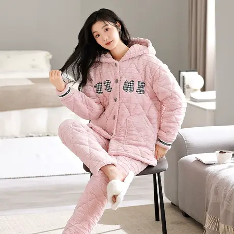 婷美睡衣女士秋冬季三层加厚夹棉珊瑚绒睡衣秋冬款家居服连帽套装图片