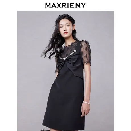 MAXRIENY蝴蝶结背带短裙夏季泡泡袖连衣裙小黑裙图片