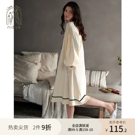 妮狄娅睡衣女秋季纯棉长袖睡裙甜美公主简约春秋纯色可外穿家居服图片