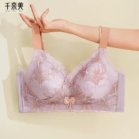 千奈美无钢圈内衣女大胸显小文胸透气花朵蕾丝全罩杯薄款胸罩图片