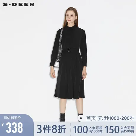 sdeer圣迪奥简约翻领收腰压褶长袖连衣裙秋款S21361205图片
