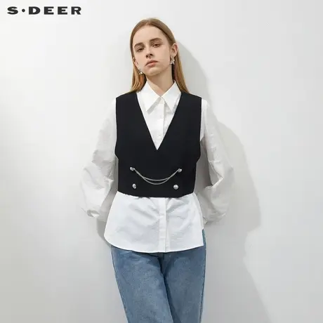 【直播间专属】sdeer圣迪奥V领链条撞色马甲两件套衬衫S231Z0522商品大图