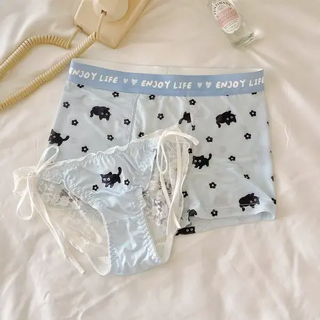 小花猫~情侣内裤冰丝夏季一男一女卡通可爱蕾丝三角裤抗菌平角裤图片