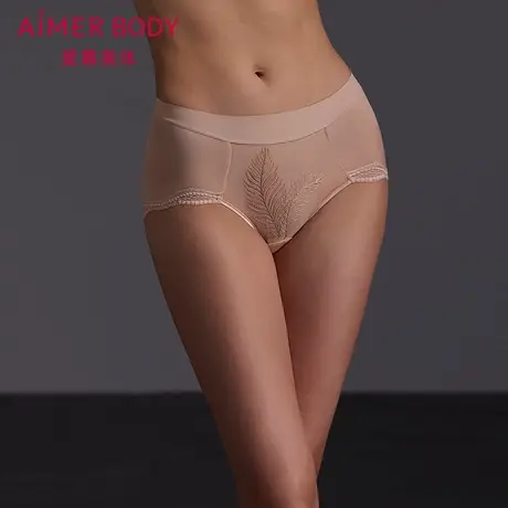 爱慕美体叶颜内裤女棉质里裆性感蕾丝红中腰平角裤AD230621图片